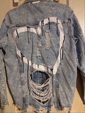 Wren & Glory distressed dripping heart denim jacket hand painted original sz med